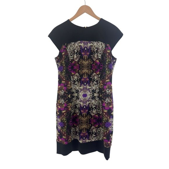 Maggy London Purple Black Fall Leaf Print Sheath Shift Dress Size 16 Office Work - Picture 2 of 8